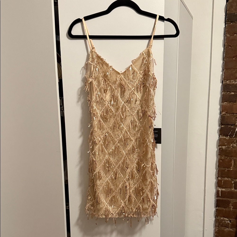 Lulu's Beaded Fringe Slip Dress in Champagne Gold
